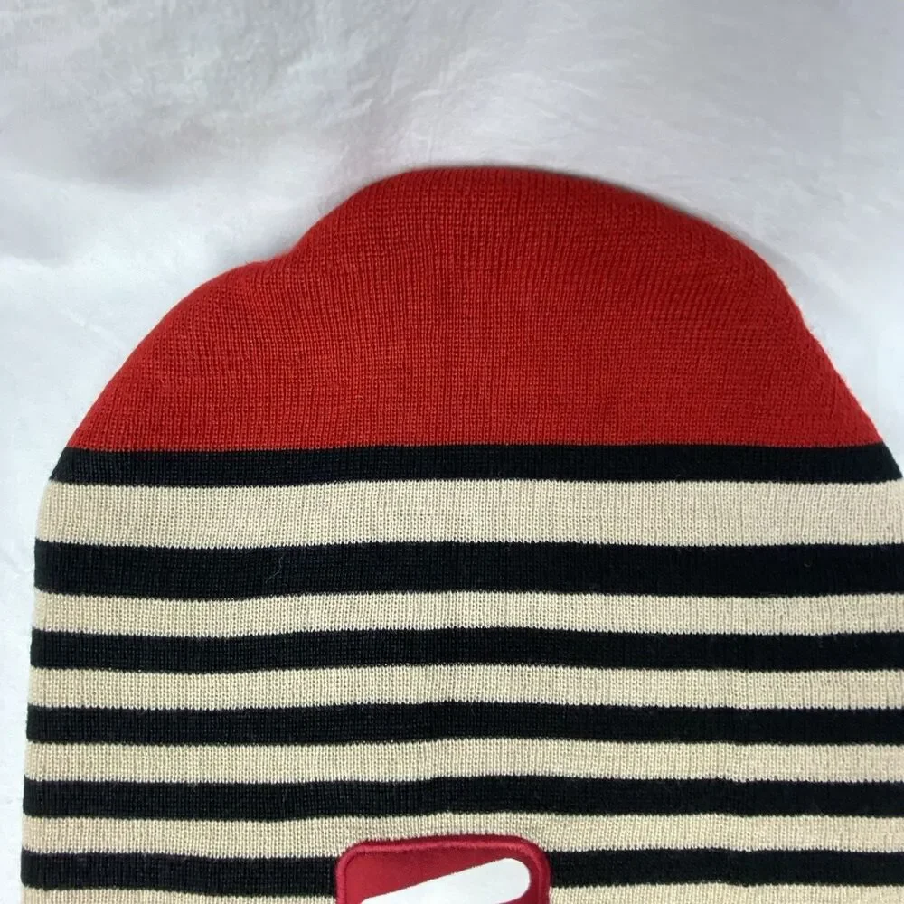 Vtg Polo Jeans Company RL Y2k Beanie Hat Red Black Stripe Knit Fleece Lined Logo